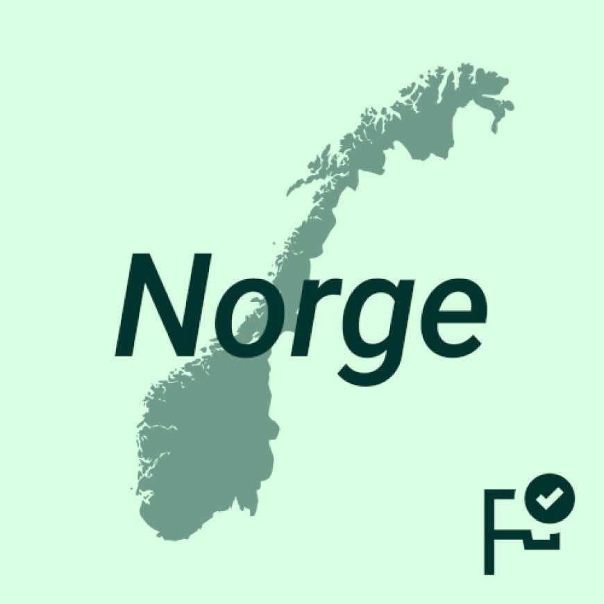 Illustrasjon av Norges kart med teksten "Norge" over. Nederst til høyre er det et ikon av et flagg med en avkrysningssirkel.